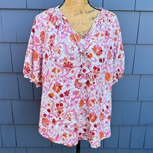 Knox Rose Pink and Orange Floral Blouse cotton boho top shirt short sleeve